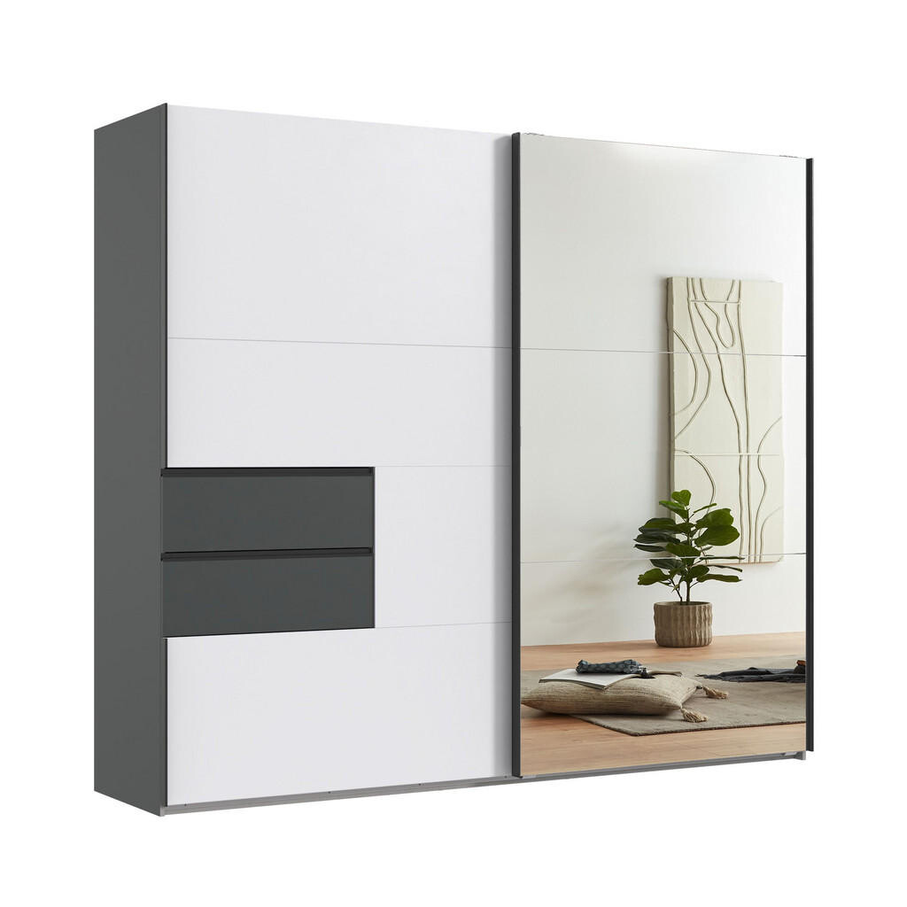 luma-home SKŘÍŇ S POSUVNÝMI DVEŘMI, 2dveřová, 250 × 216 × 65 cm (Š×V×H), korpus a zásuvky v barvě grafit, dveře bílé / zrcadlové / 22050