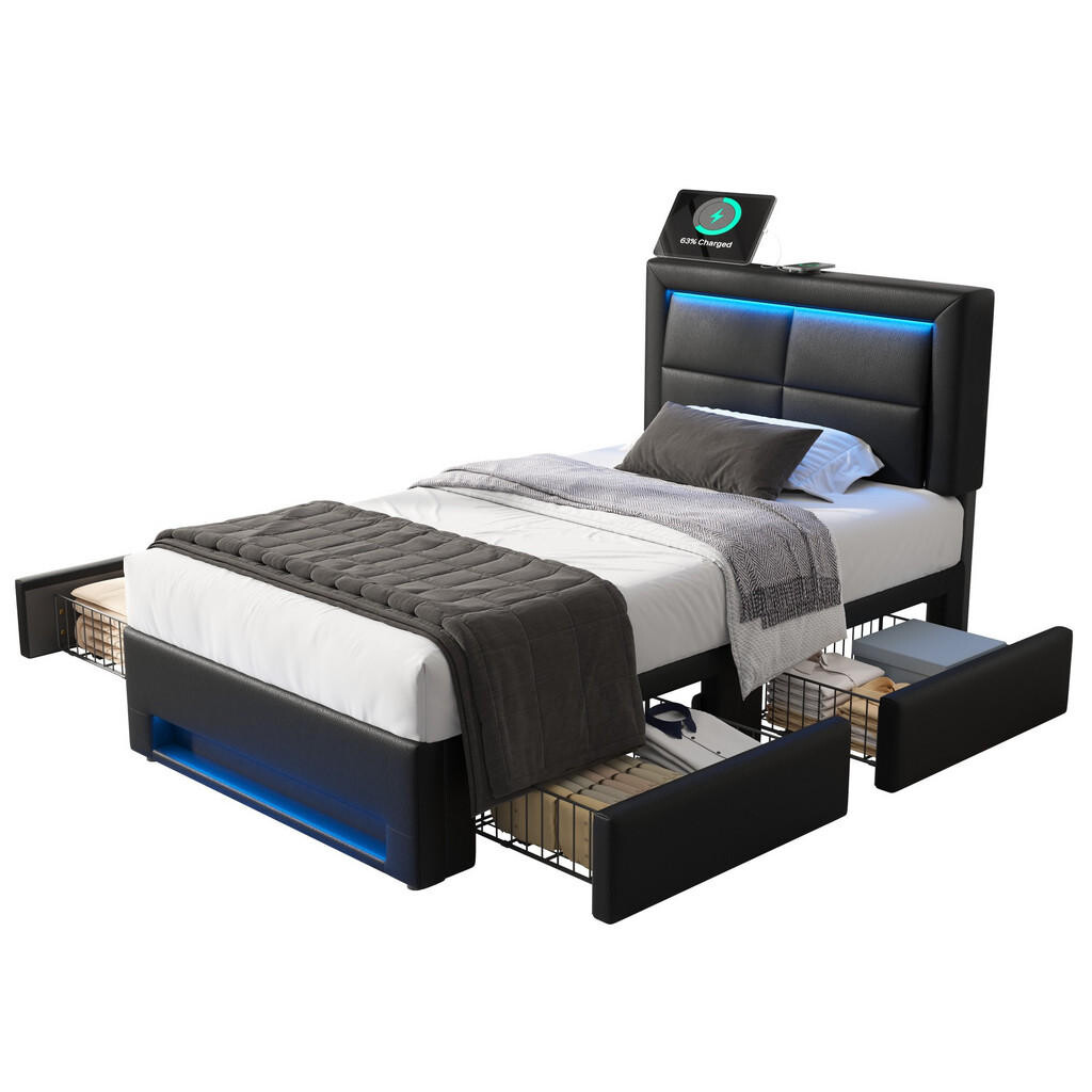 FLIEKS ČALOUNĚNÁ POSTEL 90x190 Černá PU LED USB 4 Zásuvky