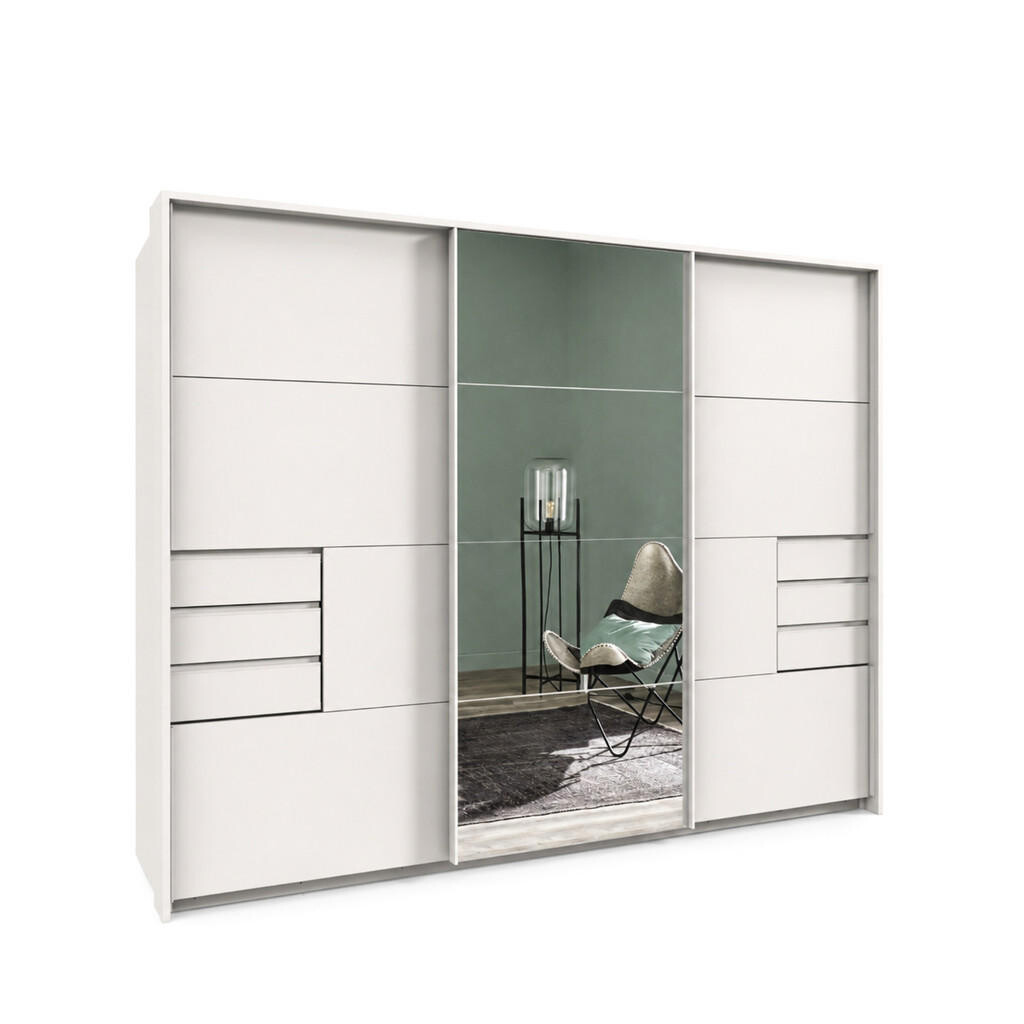 luma-home SKŘÍŇ S VZDUŠNÝMI DVEŘMI, 273 × 64 × 213 cm (Š×H×V), 3dveřová, pasparta, zásuvky, bílá/zrcadlo / 22619