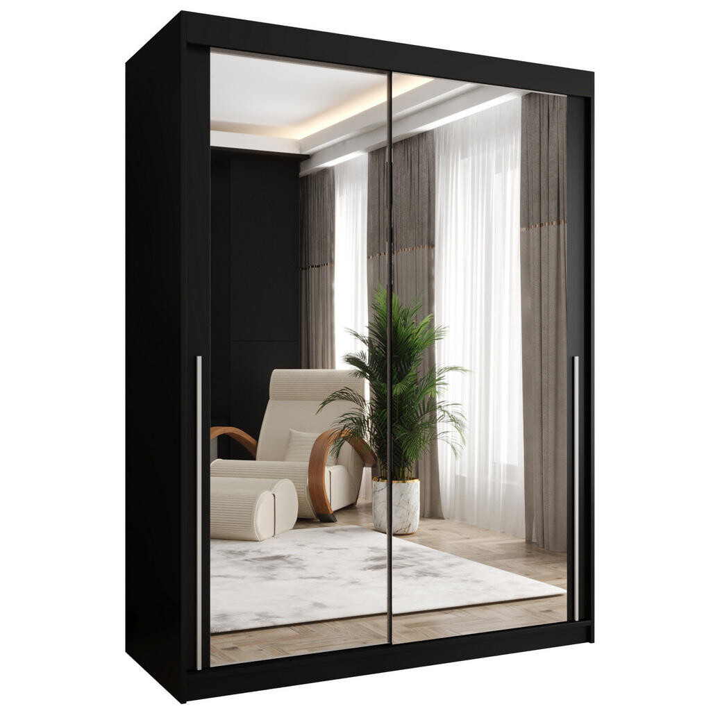 Home Collective ŠATNÍ SKŘÍŇ S POSUVNÝMI DVEŘMI se zrcadlem, šířka 150 cm, černá se stříbrným madlem