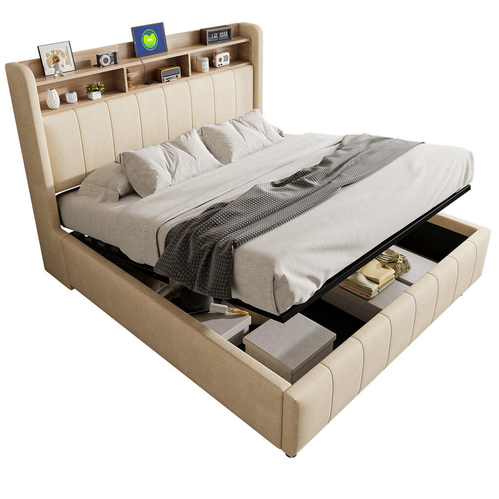 FLIEKS ČALOUNĚNÁ POSTEL 160x200cm Úložná LED USB Béžová