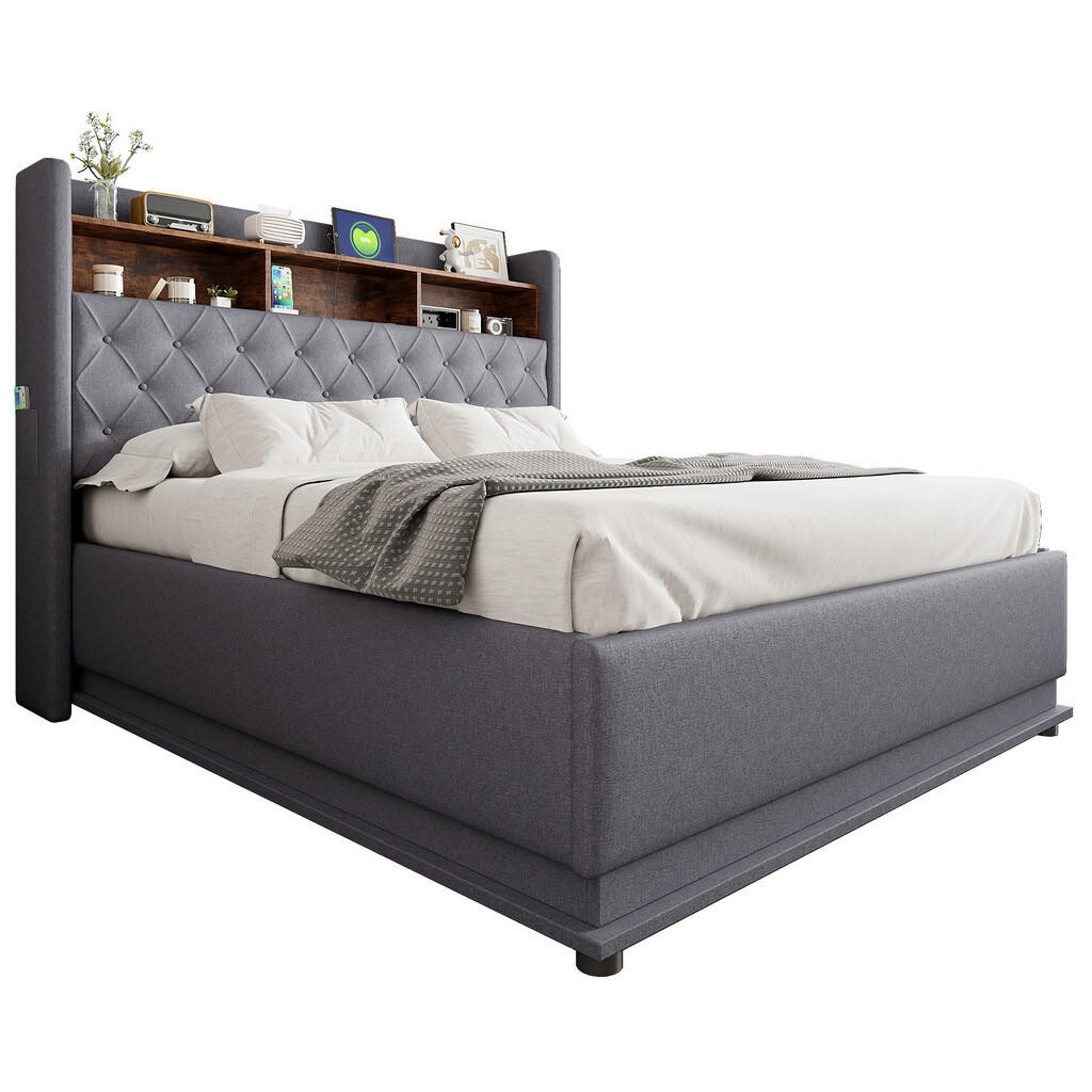 WISHDOR ČALOUNĚNÁ POSTEL 160x200 cm šedá s lněným vzhledem, úložným prostorem, LED osvětlením a USB portem