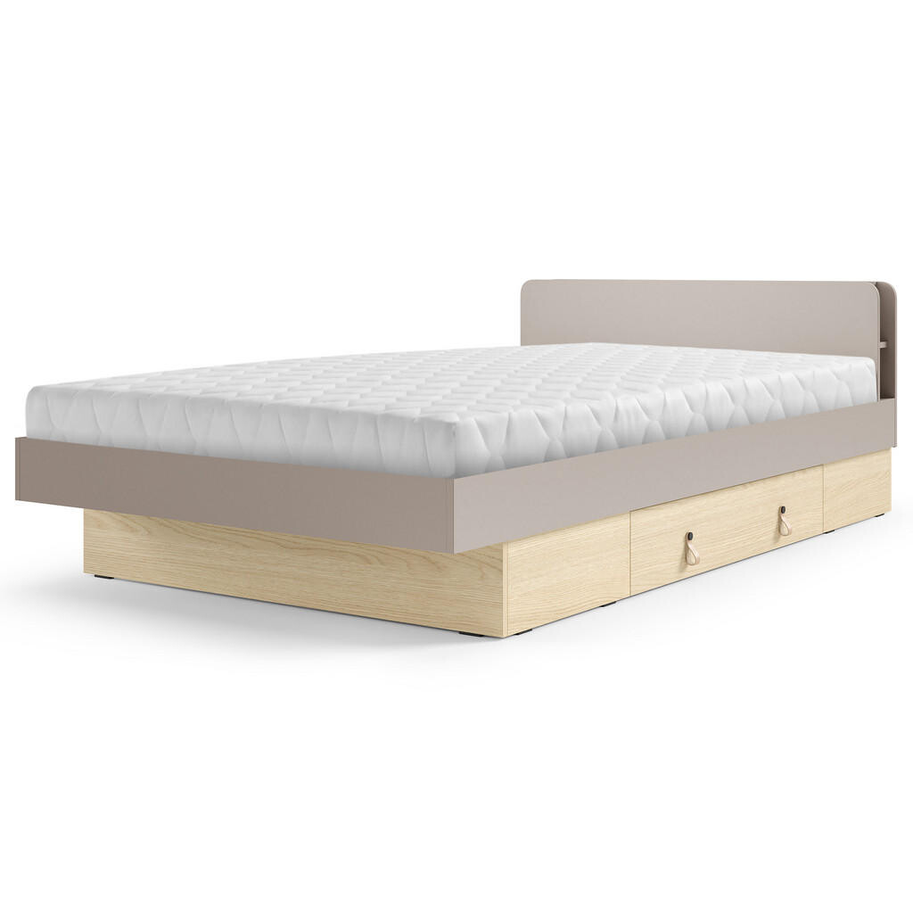 Beautysofa POSTEL Sorella 120 × 200 cm s lamelovým roštem a úložnou zásuvkou, s matrací 26 cm, porcini + dub Mavelie