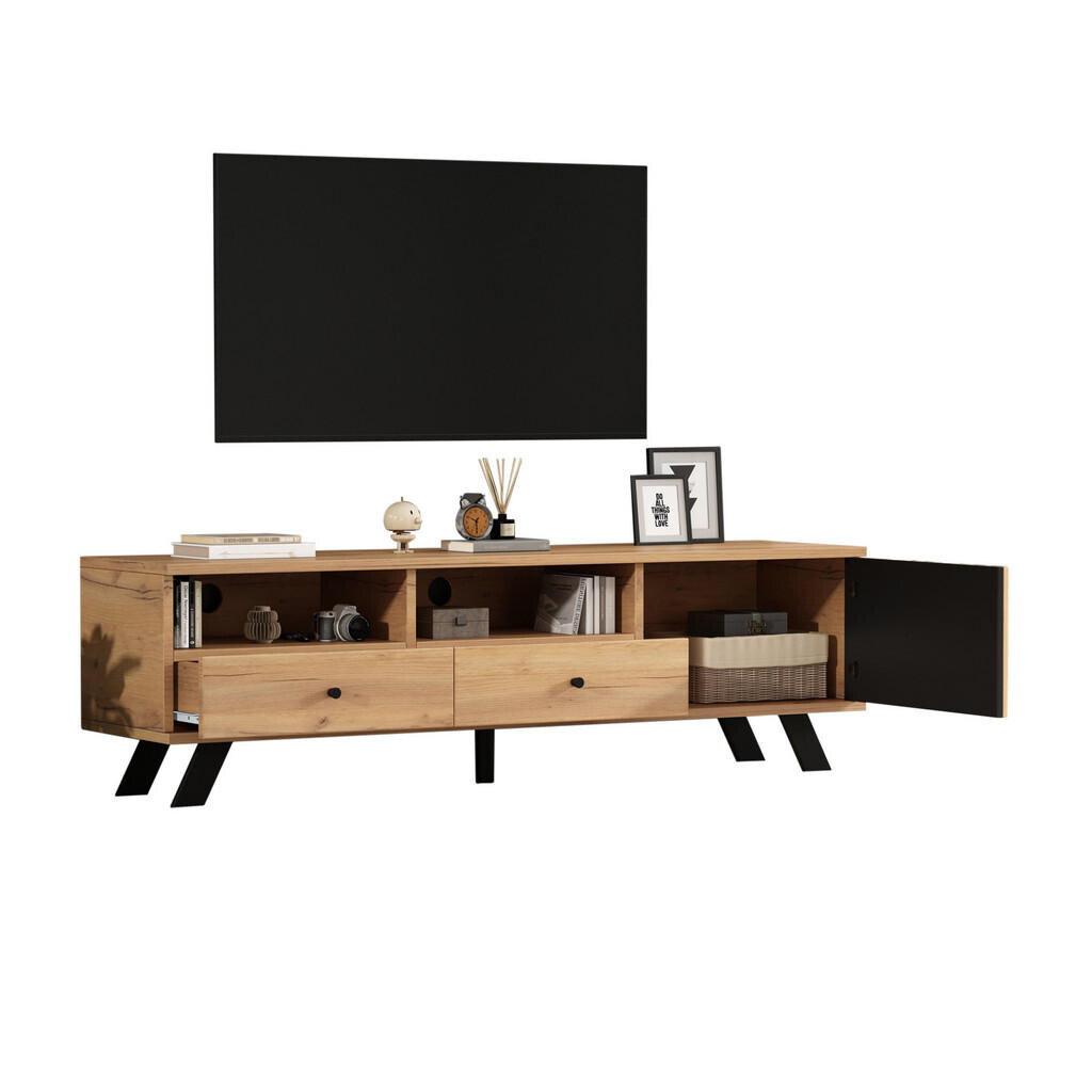 Redom TV stolek 150/38/44 cm s 2 zásuvkami, skříňkou a otevřenými přihrádkami, vhodný pro TV do 60