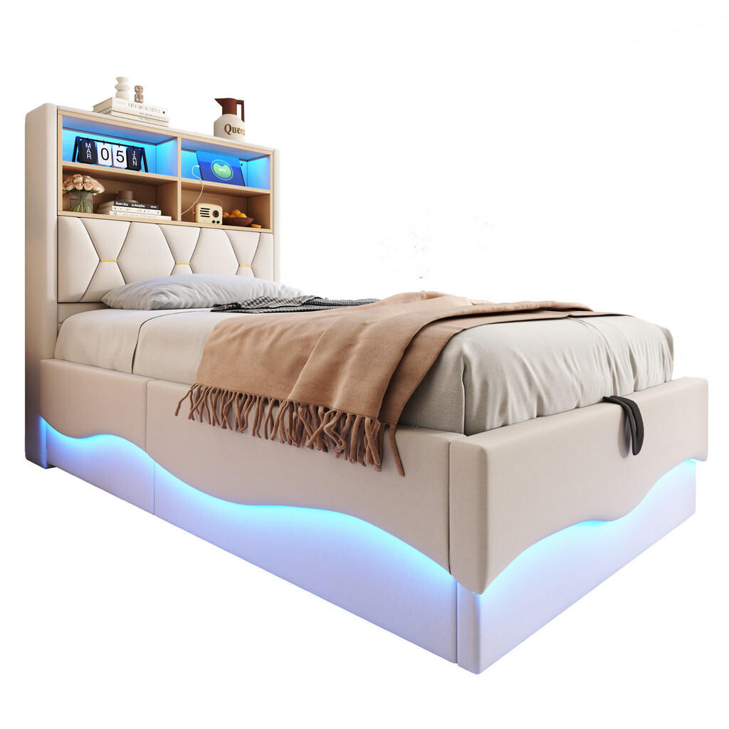 FLIEKS DĚTSKÁ POSTEL 90x200 Béžový Len LED Úložná