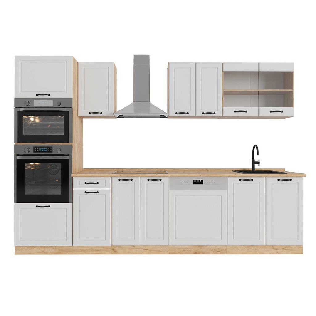 Vicco KUCHYŇSKÝ KOUT R-Line Bílý venkovský dům/zlatý dub 300 cm s vysokou skříní, PD Dub