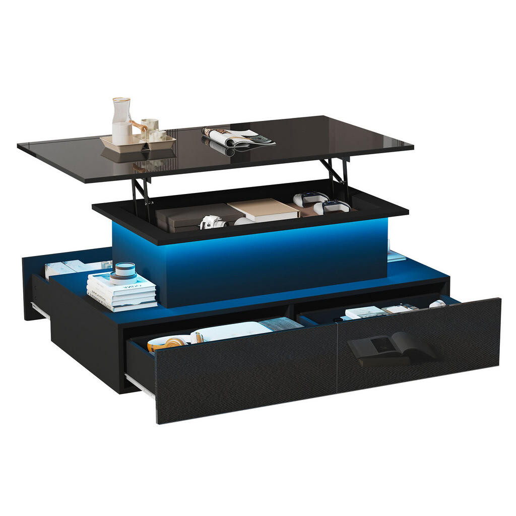 OKWISH KONFERENČNÍ stolek 90/55/41 cm černý z dřevotřísky s LED osvětlením a výsuvnou deskou