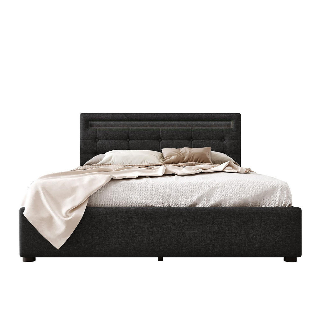OKWISH ČALOUNĚNÁ postel 140/200 cm černá z lnu s LED osvětlením a 4 zásuvkami
