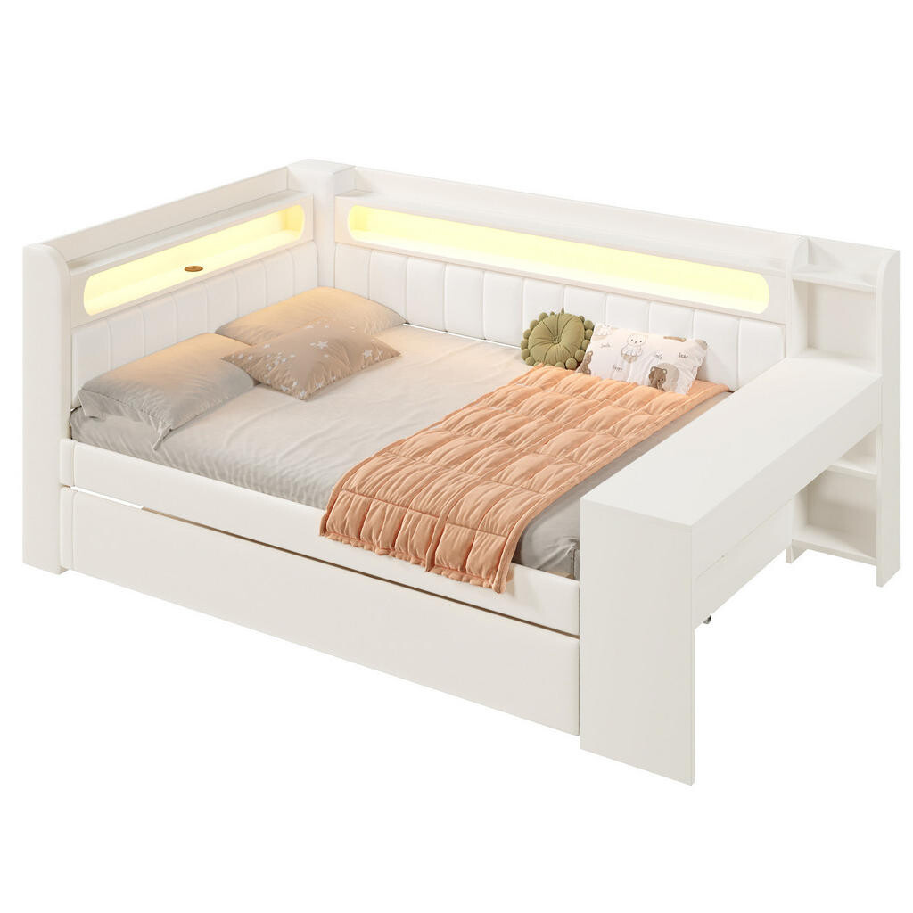 Redom POSTEL 140/200 cm s LED osvětlením, USB, výsuvným lůžkem a psacím stolem, Bílá
