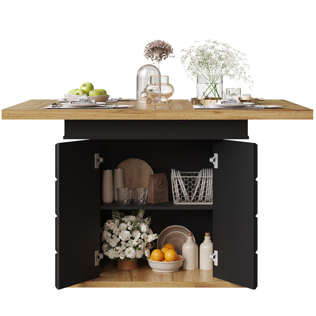OKWISH JÍDELNÍ stůl 110-140/80/75 cm černá/přírodní z MDF a kovu s rozkládáním a úložným prostorem