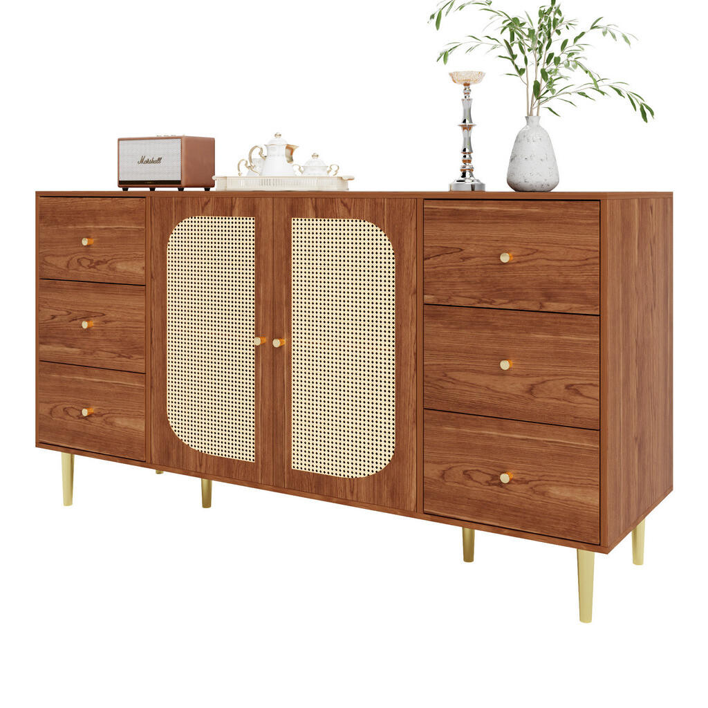 OKWISH BOČNÍ skříň 160/40/90 cm v dekoru dřeva z MDF s ratanovými dvířky a zásuvkami