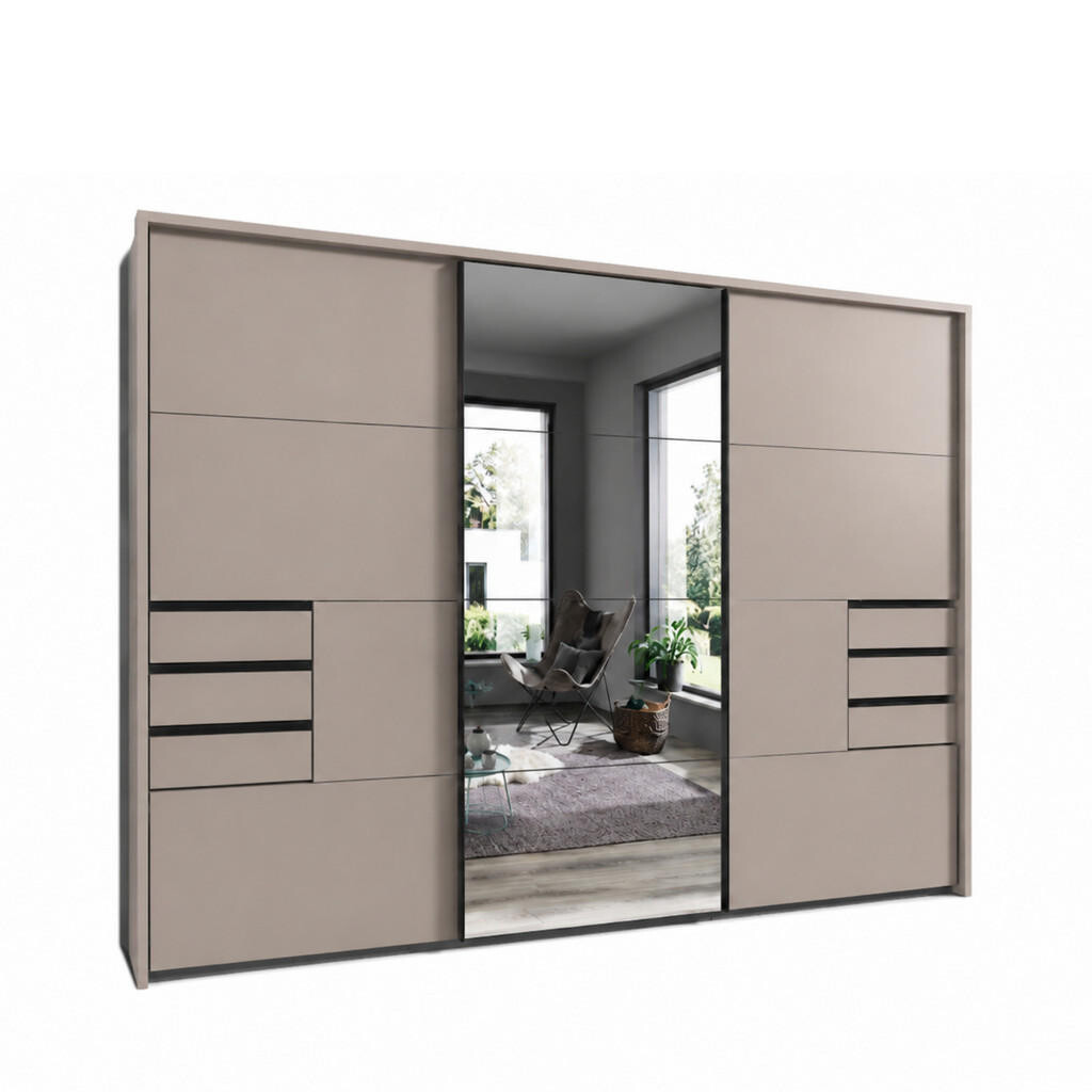 luma-home SKŘÍŇ S VZVÁJENÝMI DVEŘMI, 273 × 64 × 213 cm (Š×H×V), 3dveřová, pasparta, zásuvky, pískově šedá/zrcadlo / 22621