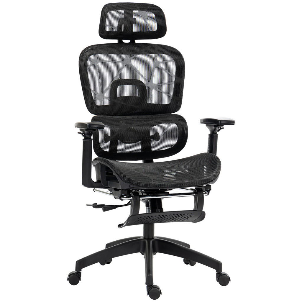 SHOPENTRA OTOČNÁ židle, černá, síťovaná, ergonomická, s područkami a opěrkou nohou