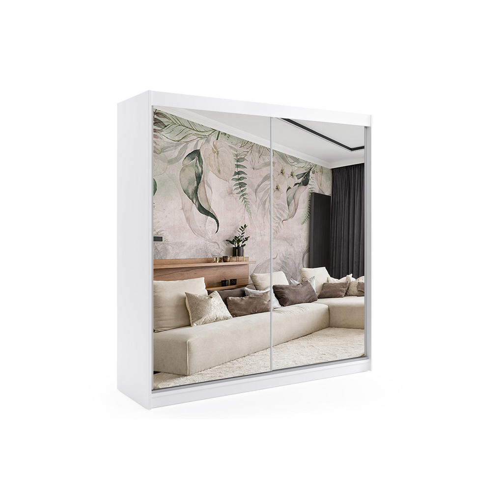 ALTDECOR ŠATNÍ SKŘÍŇ s zrcadlovými posuvnými dveřmi a hliníkovými lamelami, LED osvětlení – DEBI – 200 cm bílá