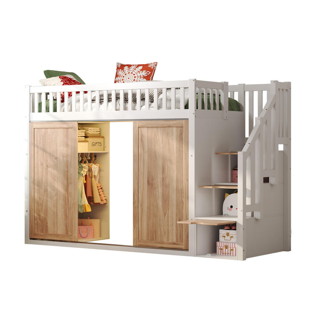OKWISH PATROVÁ postel 90/200 cm bílá/dubová z masivního dřeva se šatní skříní a schody