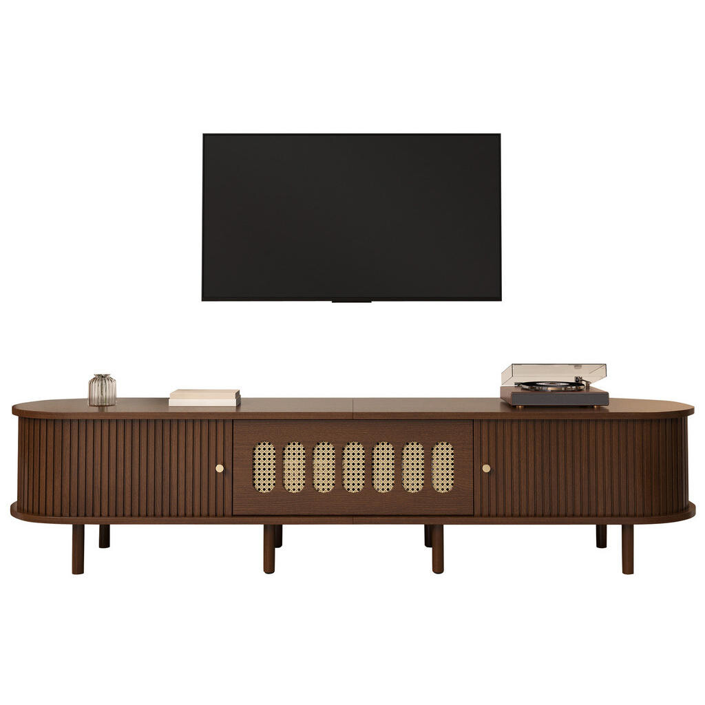 OKWISH TV stolek 180/40/40 cm ořech z MDF s ratanovým dekorem a roletovými dvířky