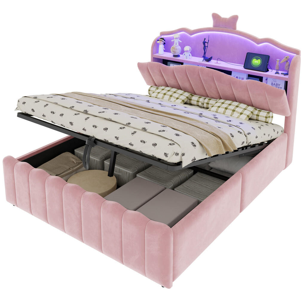 FLIEKS DĚTSKÁ POSTEL 140x200 Samet LED USB Úložná Růžová