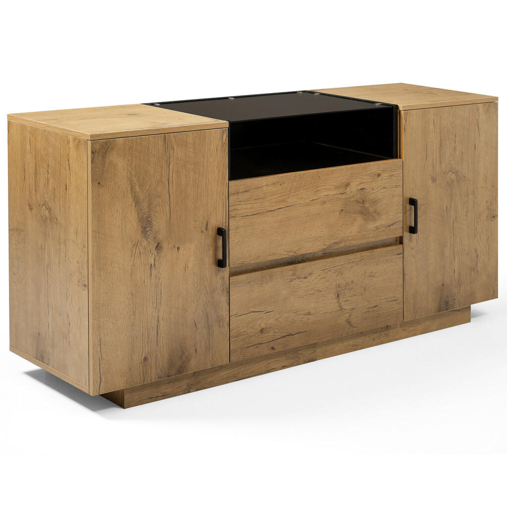 Urban Meuble SIDEBOARD v dekoru dub se skleněným čelem se 2 zásuvkami, 2 dvířky a otevřenou přihrádkou