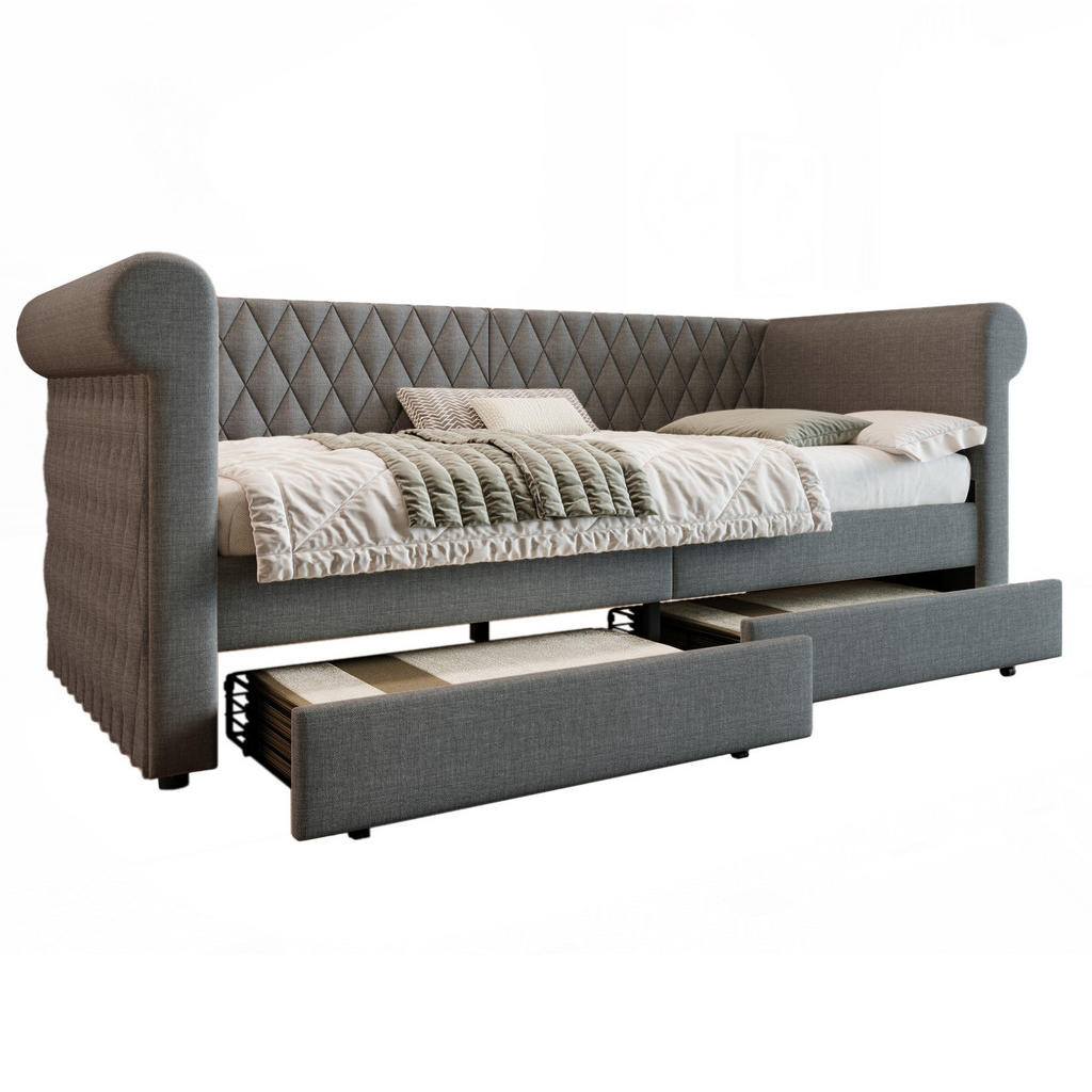 OKWISH POSTEL 90/200 cm šedá z lnu se 2 zásuvkami a roštom