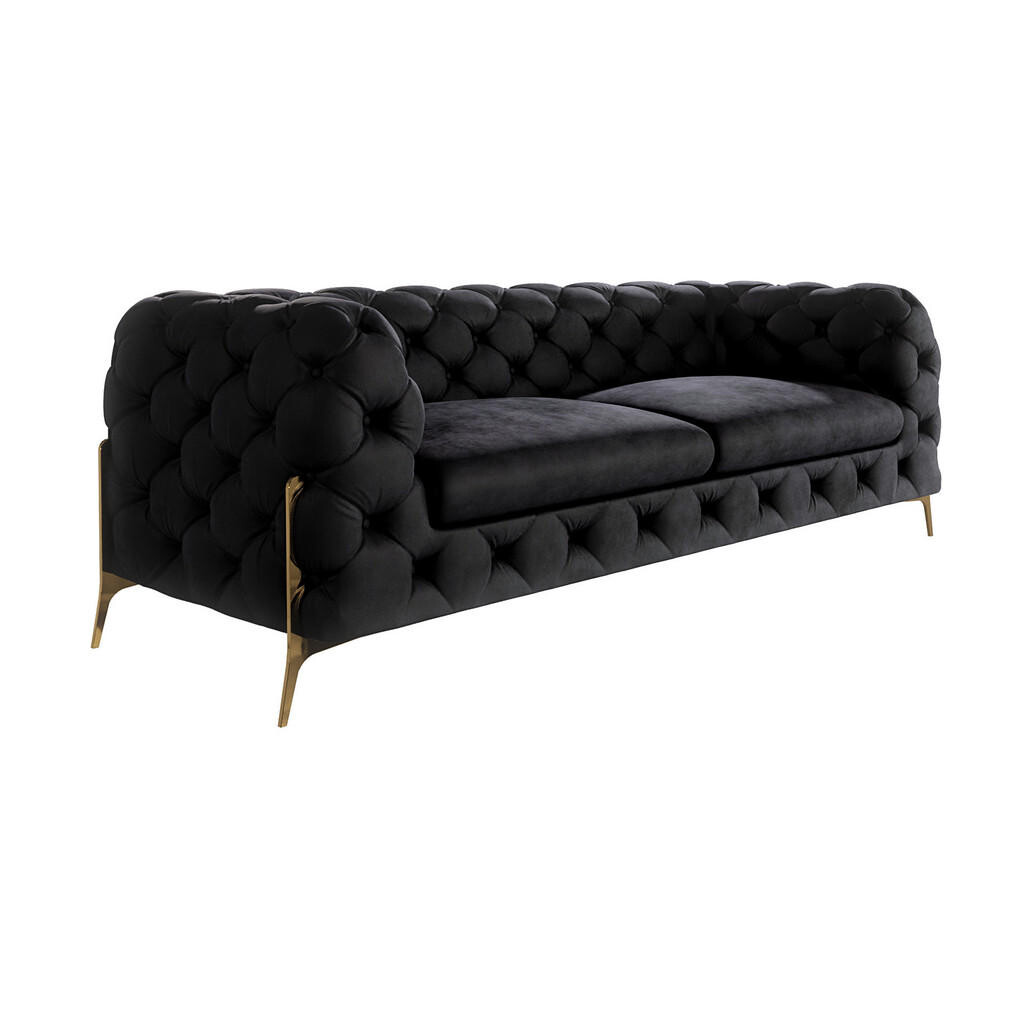 S-Style CHESTERFIELD TŘÍMÍSTNÁ POHOVKA Lexi z černého sametu se zlatými nohami