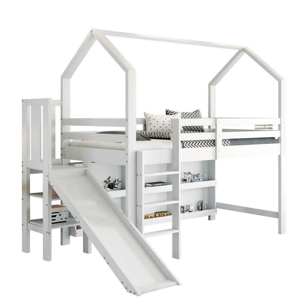 OKWISH PATROVÁ postel 90/200 cm bílá z masivního dřeva a MDF se skluzavkou, schody a úložným prostorem