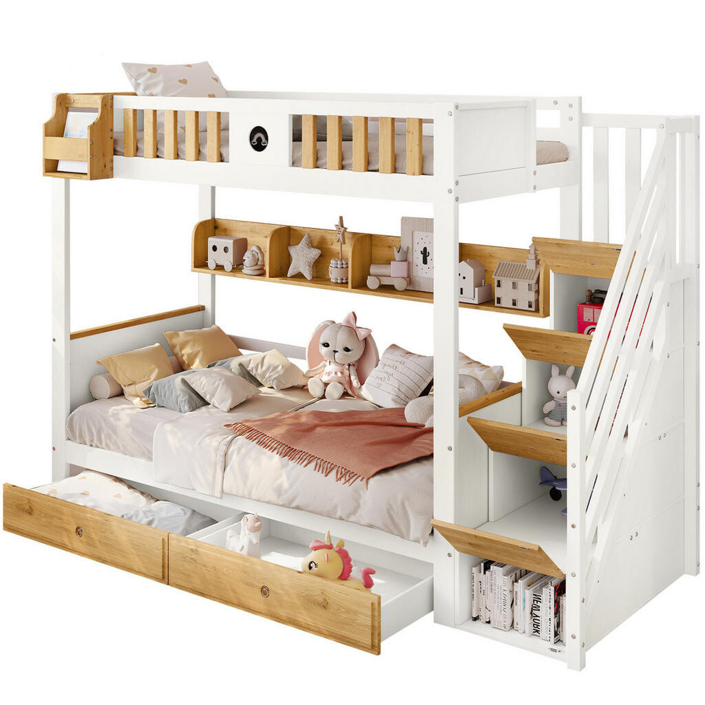 Redom PALANDA 90x200 cm s úložnými schody, 4 skříňkami, psací tabulkou, zábranou a 2 zásuvkami, Bílá+Přírodní