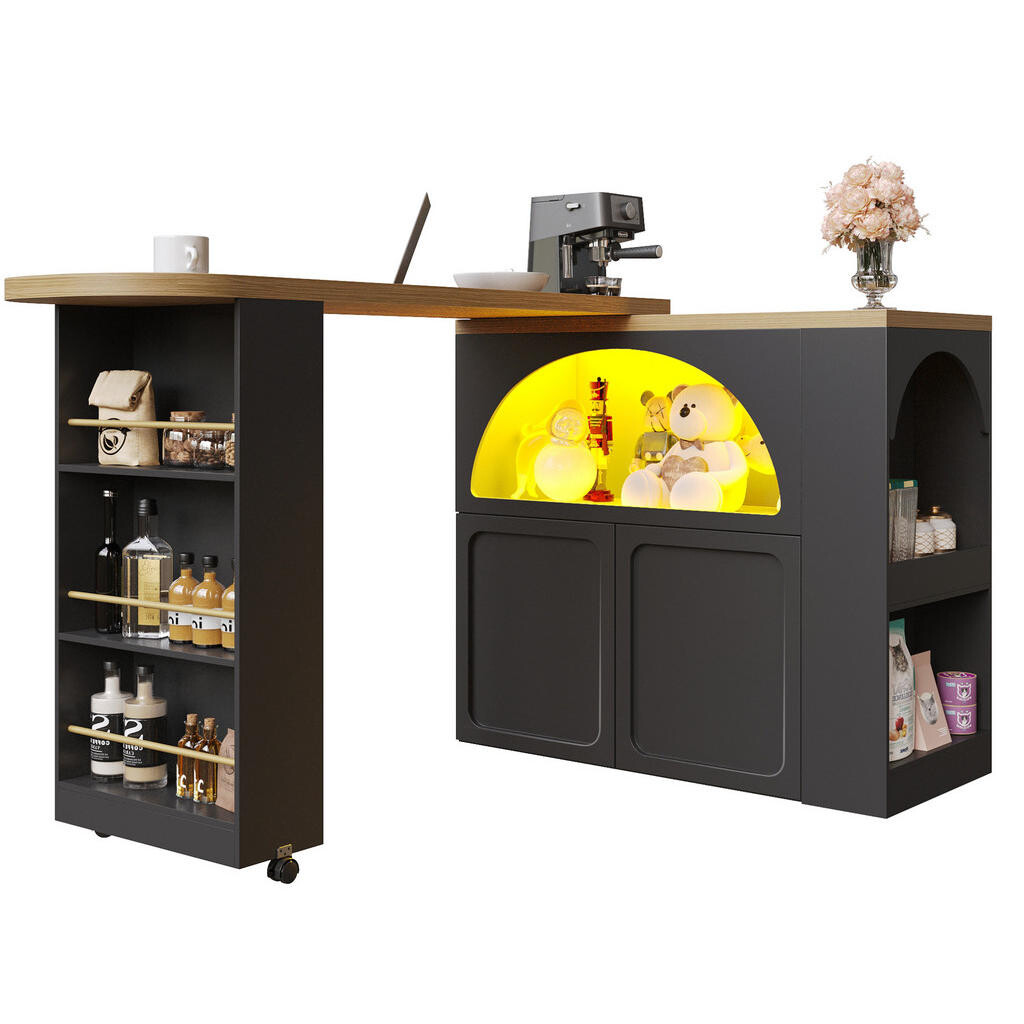 Redom BAROVÝ stůl 135-205/39/100 cm s LED osvětlením, USB nabíjením a úložným prostorem, Černá