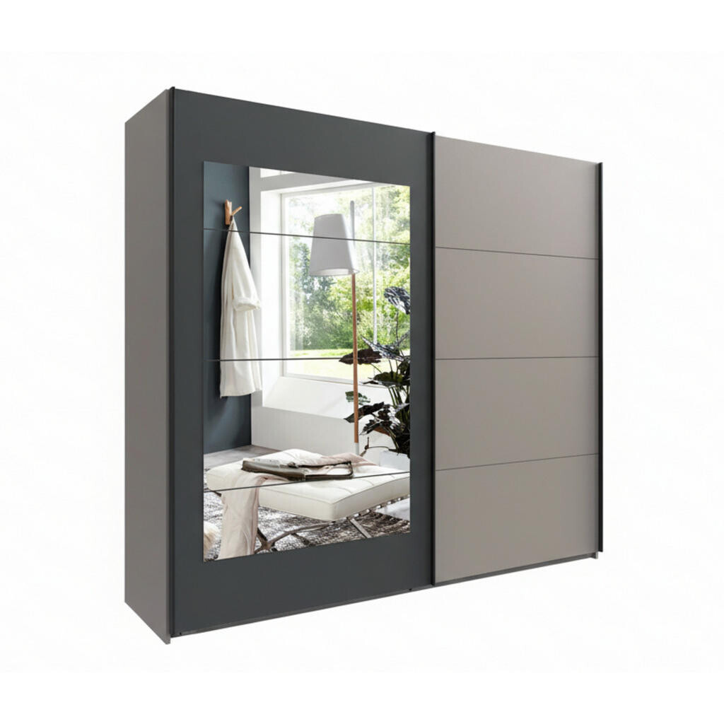 luma-home SKŘÍŇ S POSUVNÝMI DVEŘMI, 2dveřová, 225 × 208 × 65 cm (Š×V×H), v pískově šedé barvě s rámovým zrcadlem na dveřích v antracitové barvě / 2200