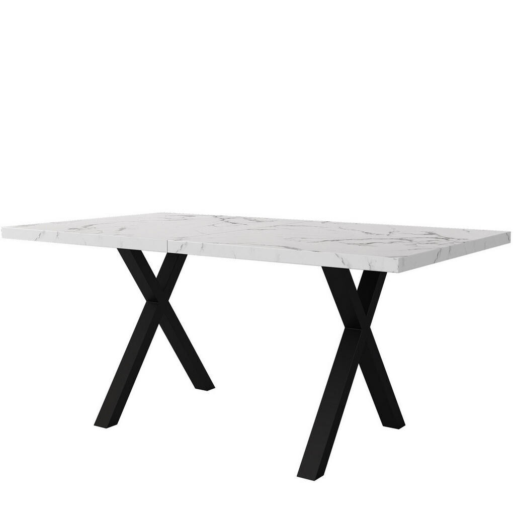 OKWISH JÍDELNÍ stůl 140/80/76 cm bílý s mramorovým dekorem z MDF a kovu s kříženou podnoží