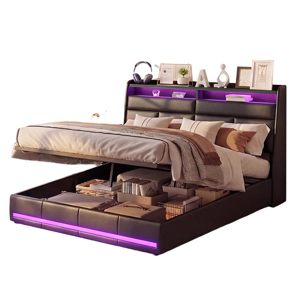 SHOPENTRA ČALOUNĚNÁ postel 160x200 cm Černá PU kůže LED Plynový výtah Bedbox