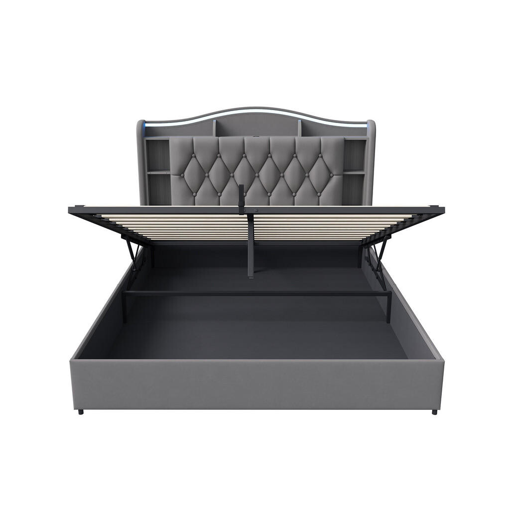 SHOPENTRA ČALOUNĚNÁ postel 140x200cm šedý samet, ložní box s plynovým ovládáním, LED, USB