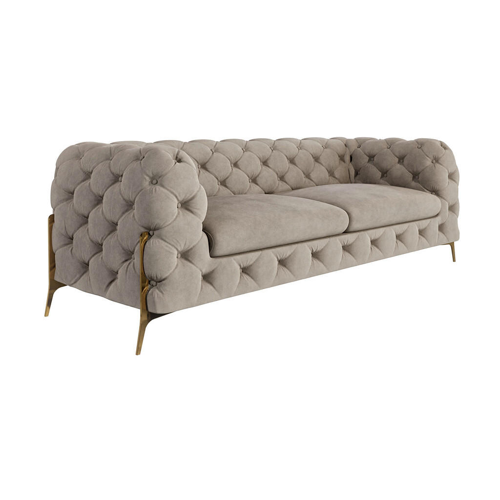 S-Style CHESTERFIELD TŘÍMÍSTNÁ POHOVKA Lexi z tmavé krémové sametu se zlatými nohami