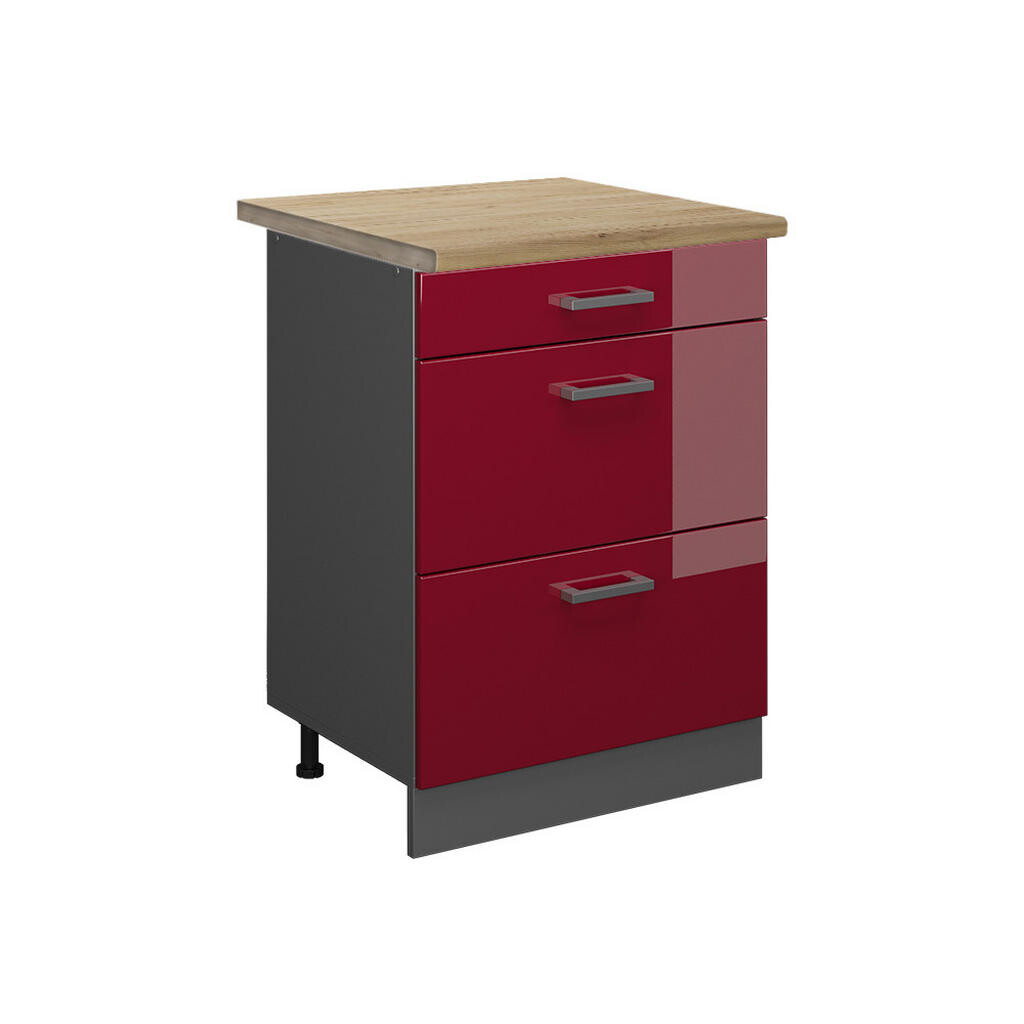 Vicco SPODNÍ SKŘÍŇKA KUCHYŇSKÉ LINKY R-Line Červená vysoký lesk 60 cm se zásuvkami, PD Dub