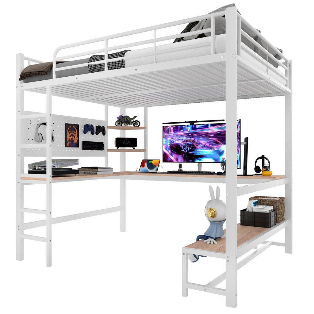 OKWISH PATROVÁ postel 140/200 cm bílá s psacím stolem a LED osvětlením z kovu