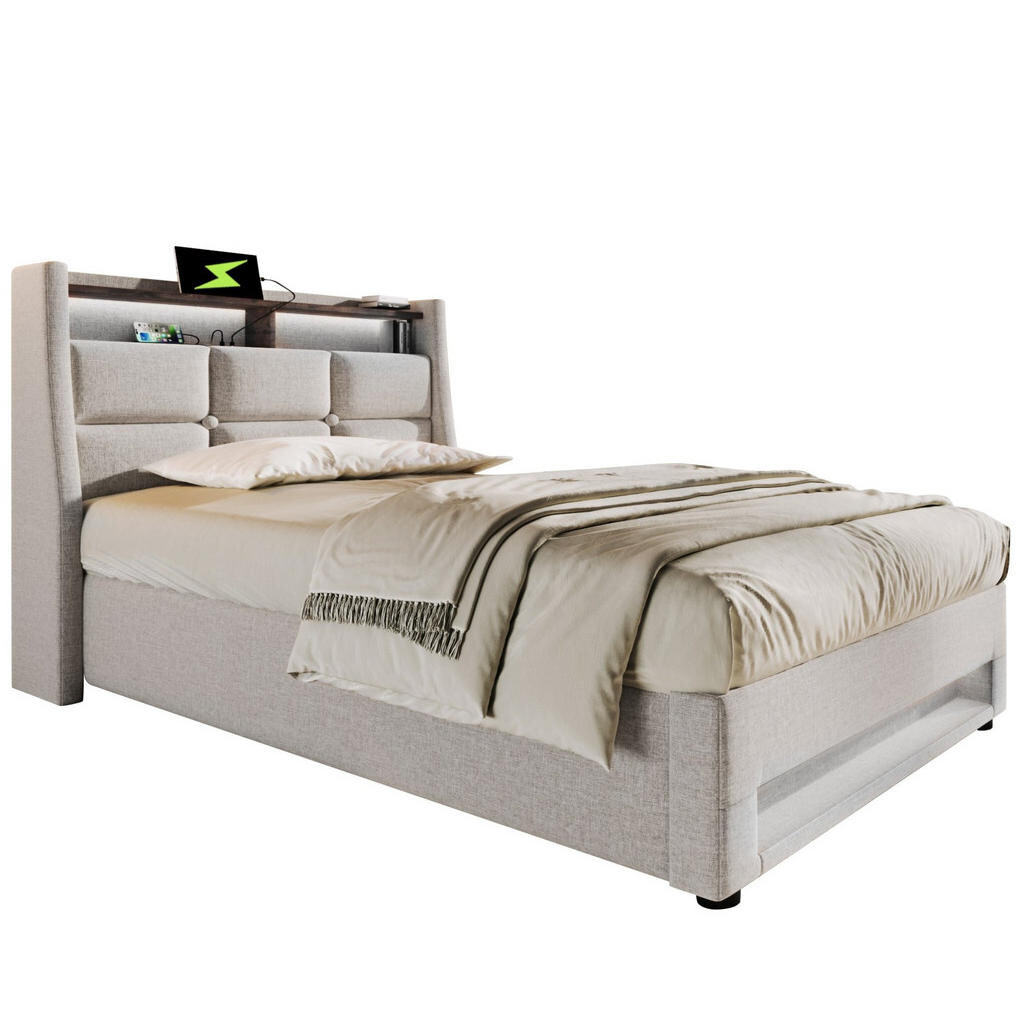 Redom ČALOUNĚNÁ postel 90x200 cm s LED osvětlením, USB portem a úložným prostorem, Světle béžová