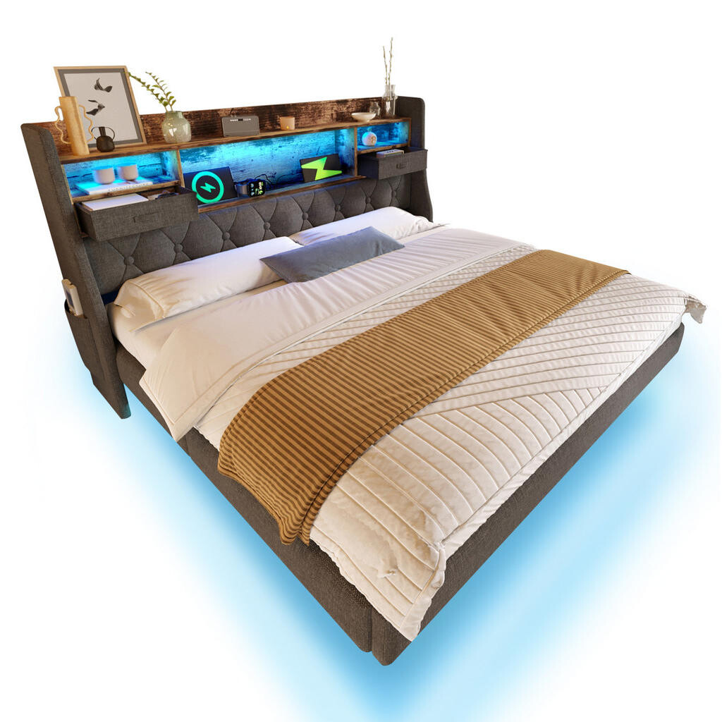 Redom ČALOUNĚNÁ postel 160/200 cm s LED osvětlením, USB a Type-C nabíjením, úložným čelem, Šedá