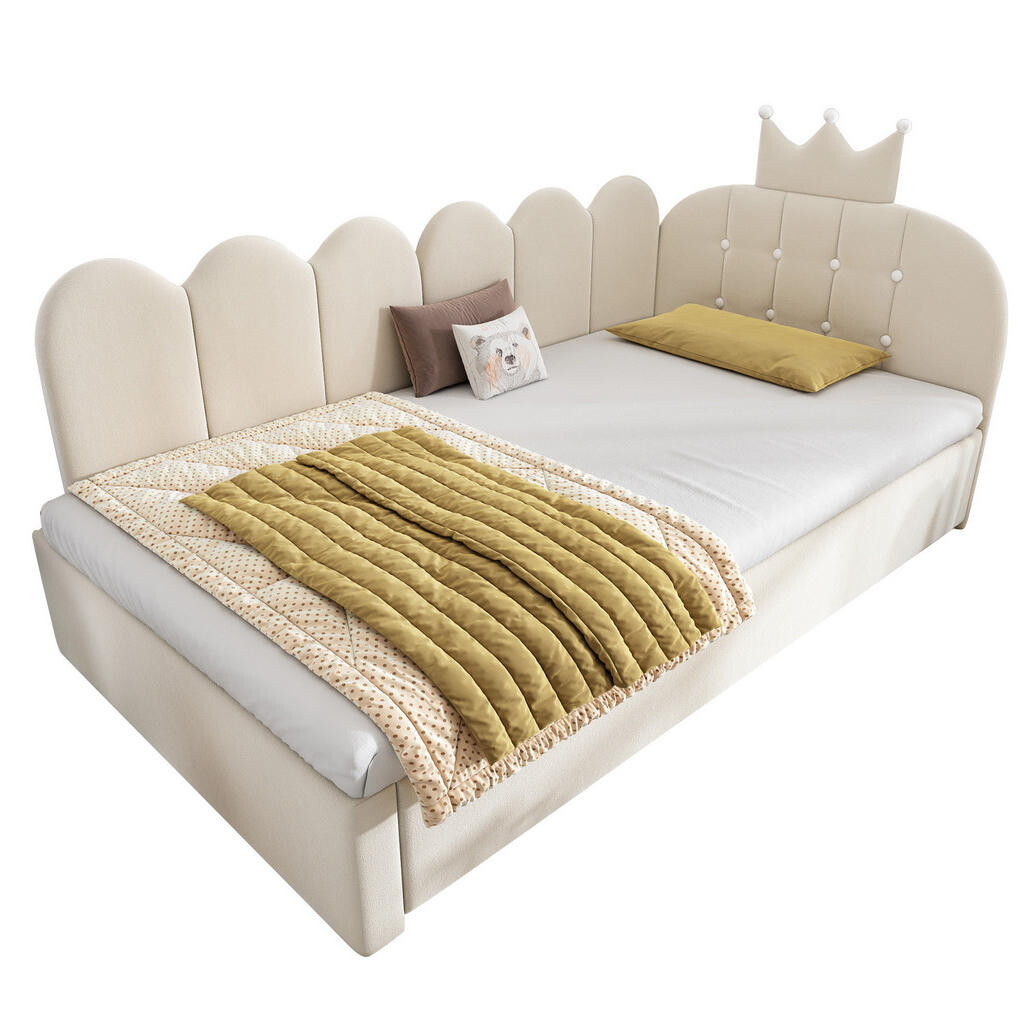 OKWISH POSTEL s výsuvným lůžkem 90/200 cm béžová ze sametu s korunkovým čelem a mřížkovým designem