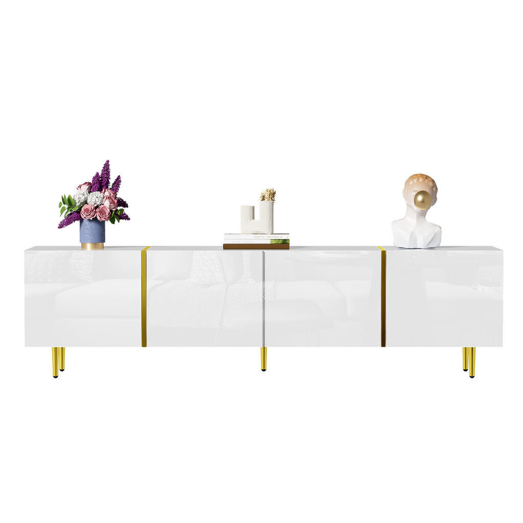 Redom TV stolek 170/35/46 cm s čtyřmi dvířky, vysoký lesk, soft-close a zlatými akcenty, Bílá
