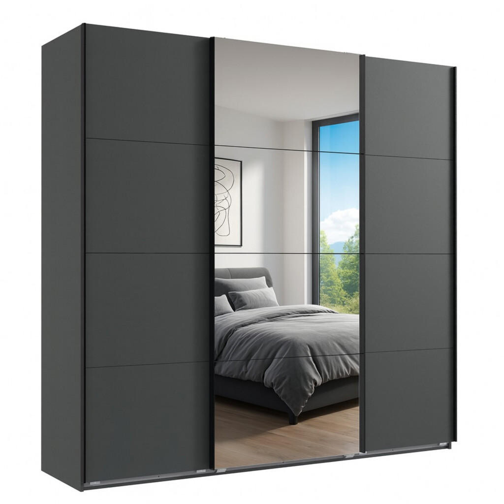 luma-home SKŘÍŇ S POSUVNÝMI DVEŘMI, 3dveřová, šířka 225 cm, výška 236 cm, hloubka 64 cm, extra vysoká, v barvě grafit, s jedním zrcadlovým křídlem / 2