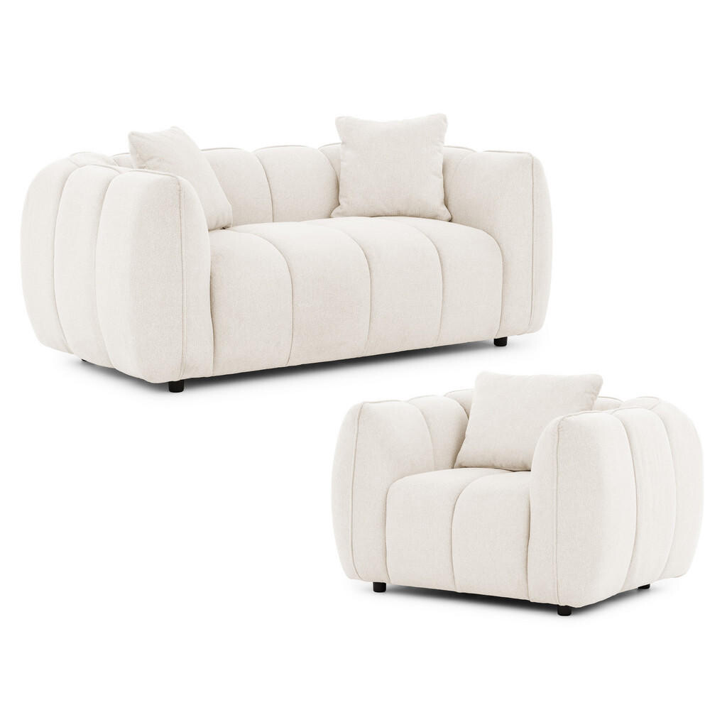 S-Style SEDACÍ SOUPRAVA 2+1 Nubira v hluboce prošívaném designu Bubble z měkké strukturované látky v krémové barvě s moderním vzhledem