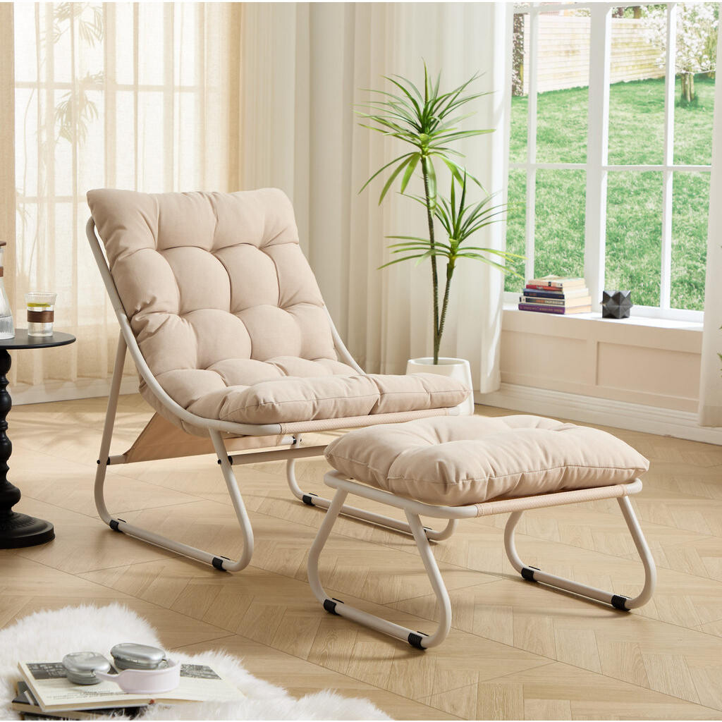 OKWISH ZAHRADNÍ lounge křeslo 65/78/86 cm béžové z oceli s podnožkou a polstrováním