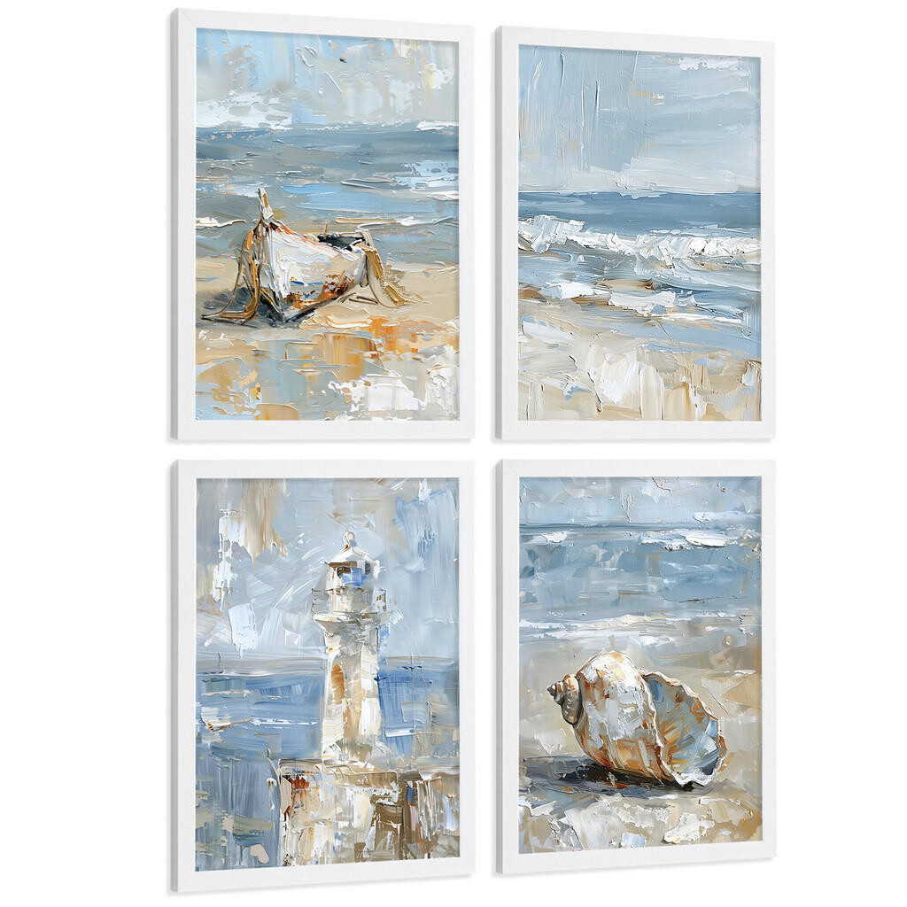 Nacnic PLAKAT Sada 3 tisků s motivy pláže, moře a francouzské riviéry: maják a loď. Nástěnná dekorace. Přímořská scenérie. Velikost Bílý rám A3