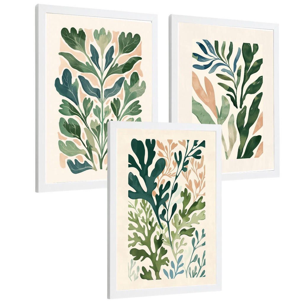 Nacnic PLAKAT Sada 3 Zelené rostliny A4 Bílý rám