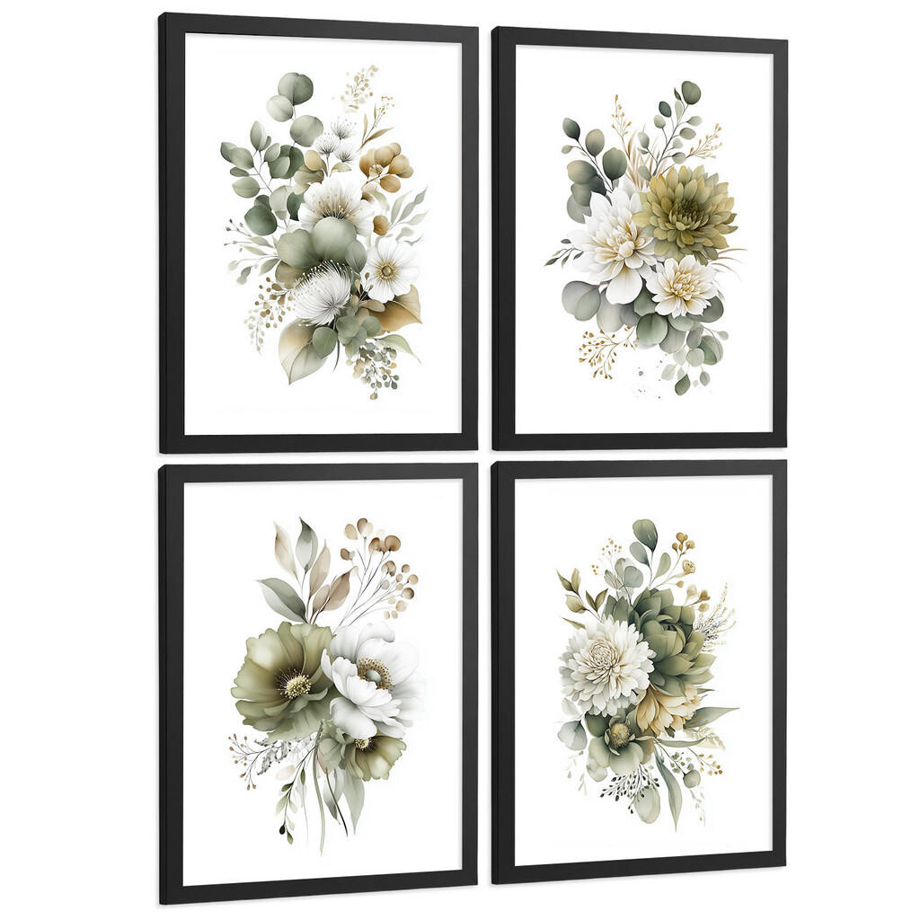 Nacnic PLAKAT Sada 4 boho botanických uměleckých tisků. Akvarelové květinové nástěnné umění. Velikost Černý rám A4