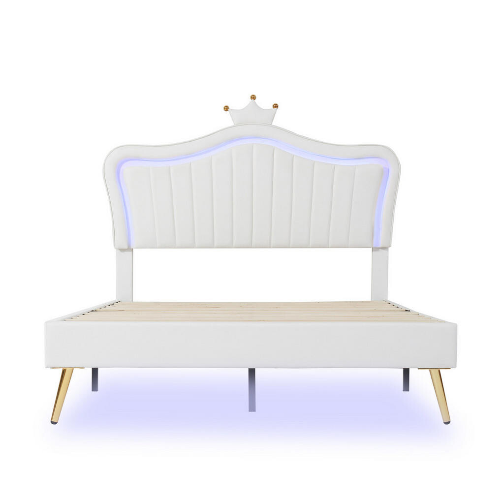 OKWISH DĚTSKÁ čalouněná postel 140/200 cm bílá z MDF a ekokůže s LED osvětlením