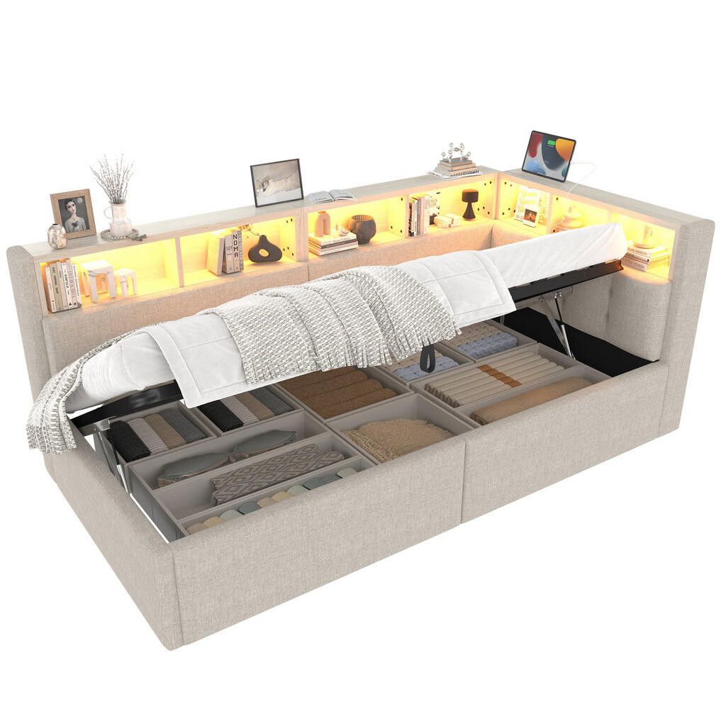 Redom POSTEL 90/200 cm s LED osvětlením, USB a USB-C porty, hydraulickým úložným prostorem a bočními přihrádkami, Béžová