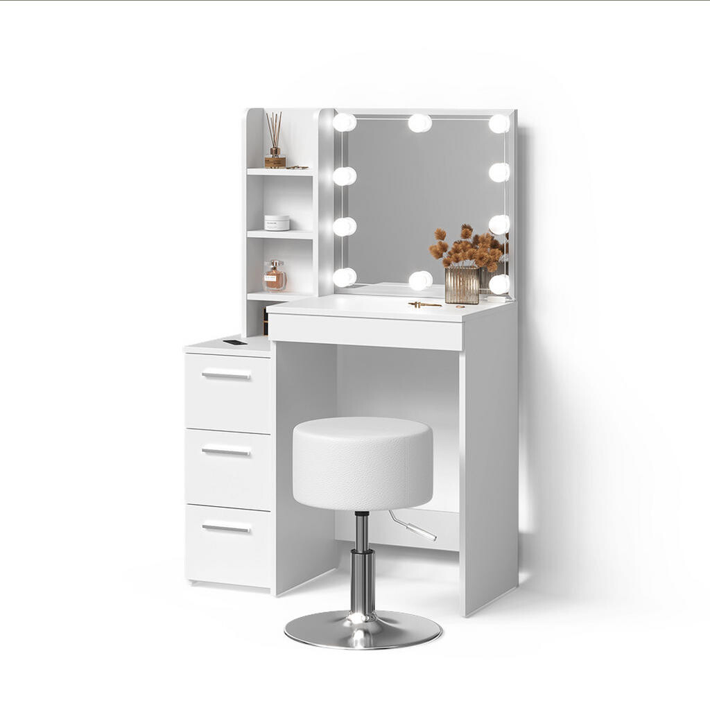 Livinity® TOALETNÍ STOLEK Ivera Bílá s LED osvětlením a taburetem