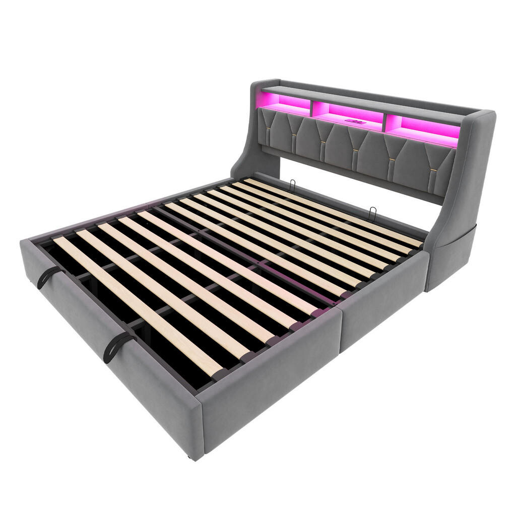 WISHDOR ČALOUNĚNÁ POSTEL 180 × 200 cm v šedém sametu s úložným prostorem, LED osvětlením, USB a USB-C
