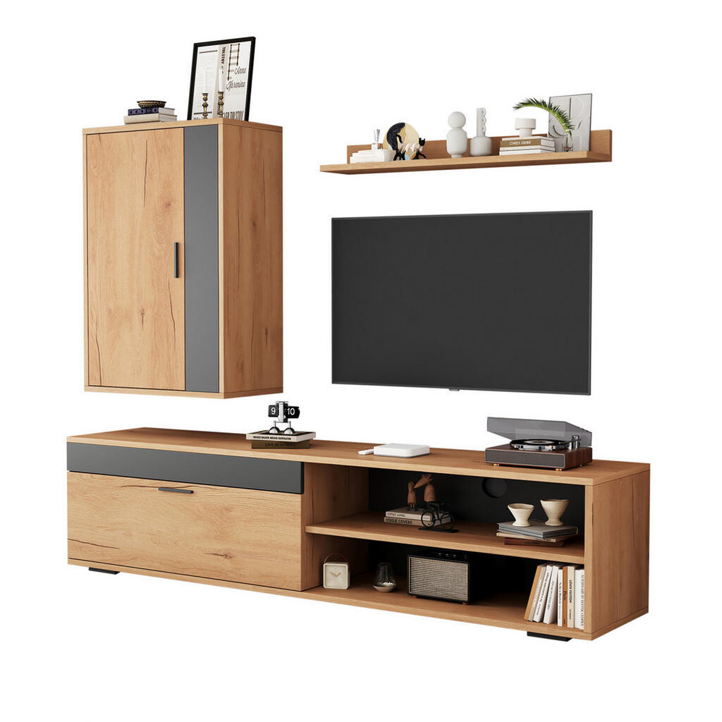 OKWISH TV sestava 140/35/39 cm dubová a černá z dřevotřísky se závěsnou i stojící konstrukcí