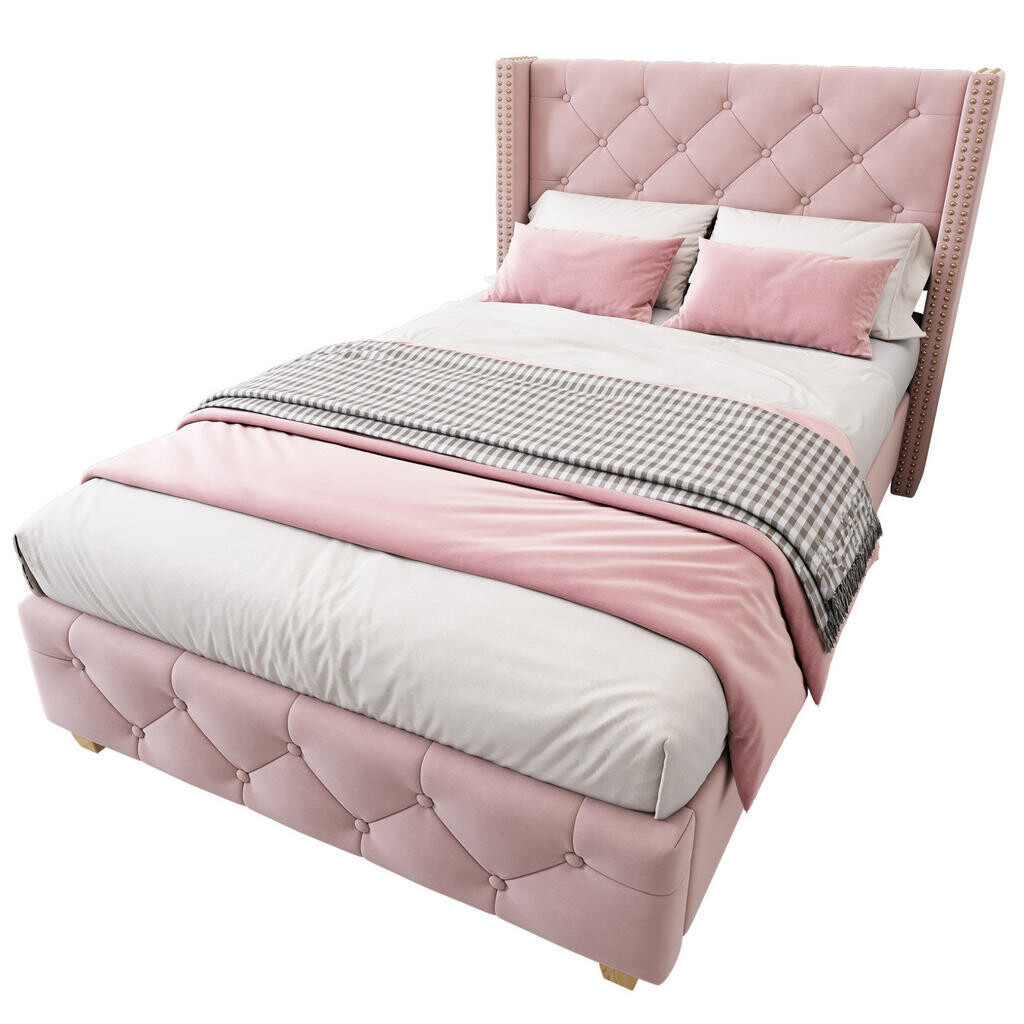 Redom ČALOUNĚNÁ postel 90/200 cm s lamelovým roštem, knoflíkovým prošitím a ozdobnými cvočky, Samet, Růžová